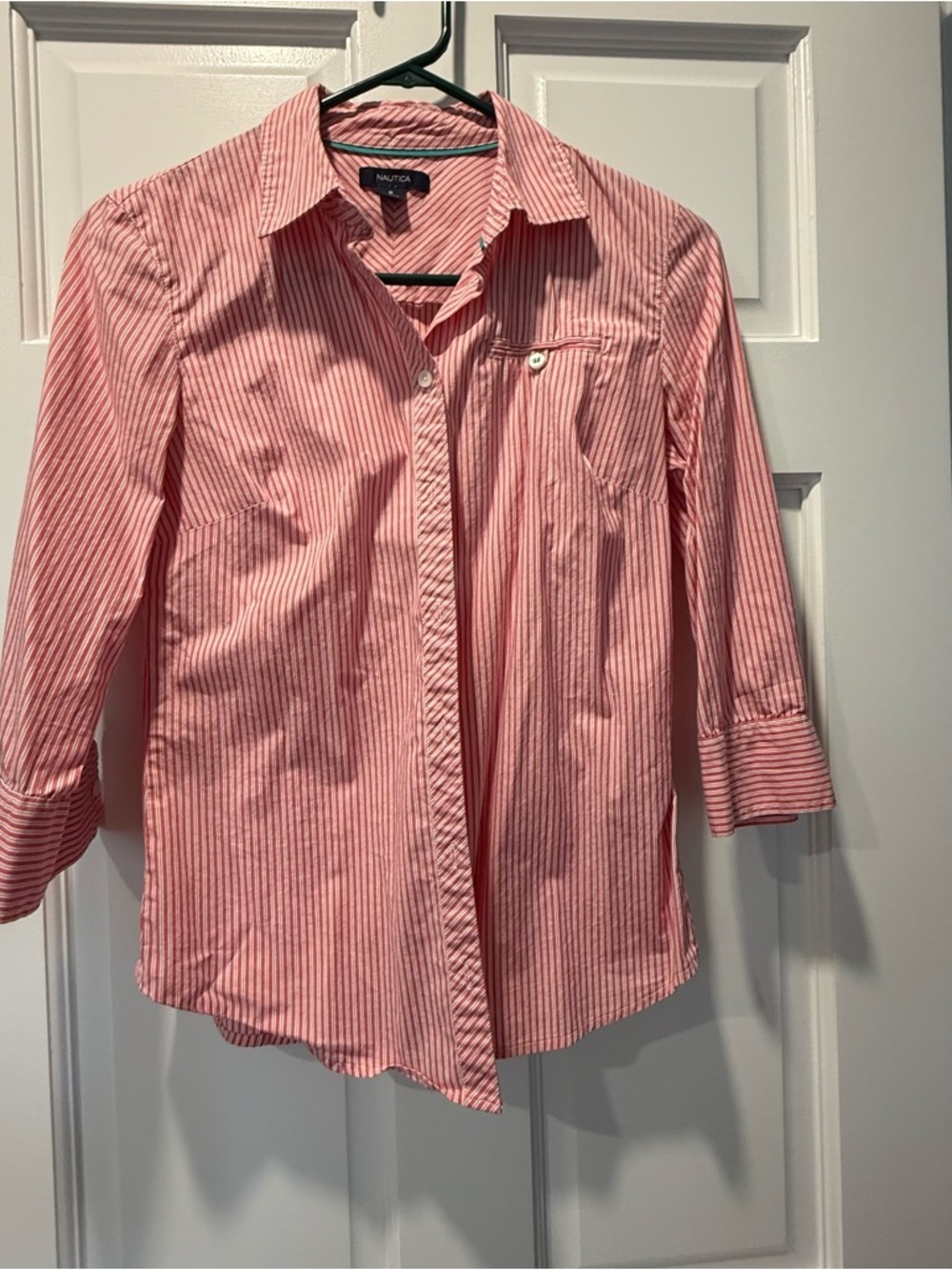 Nautica Women’s Pink & White Striped preppy Button-Up Shirt